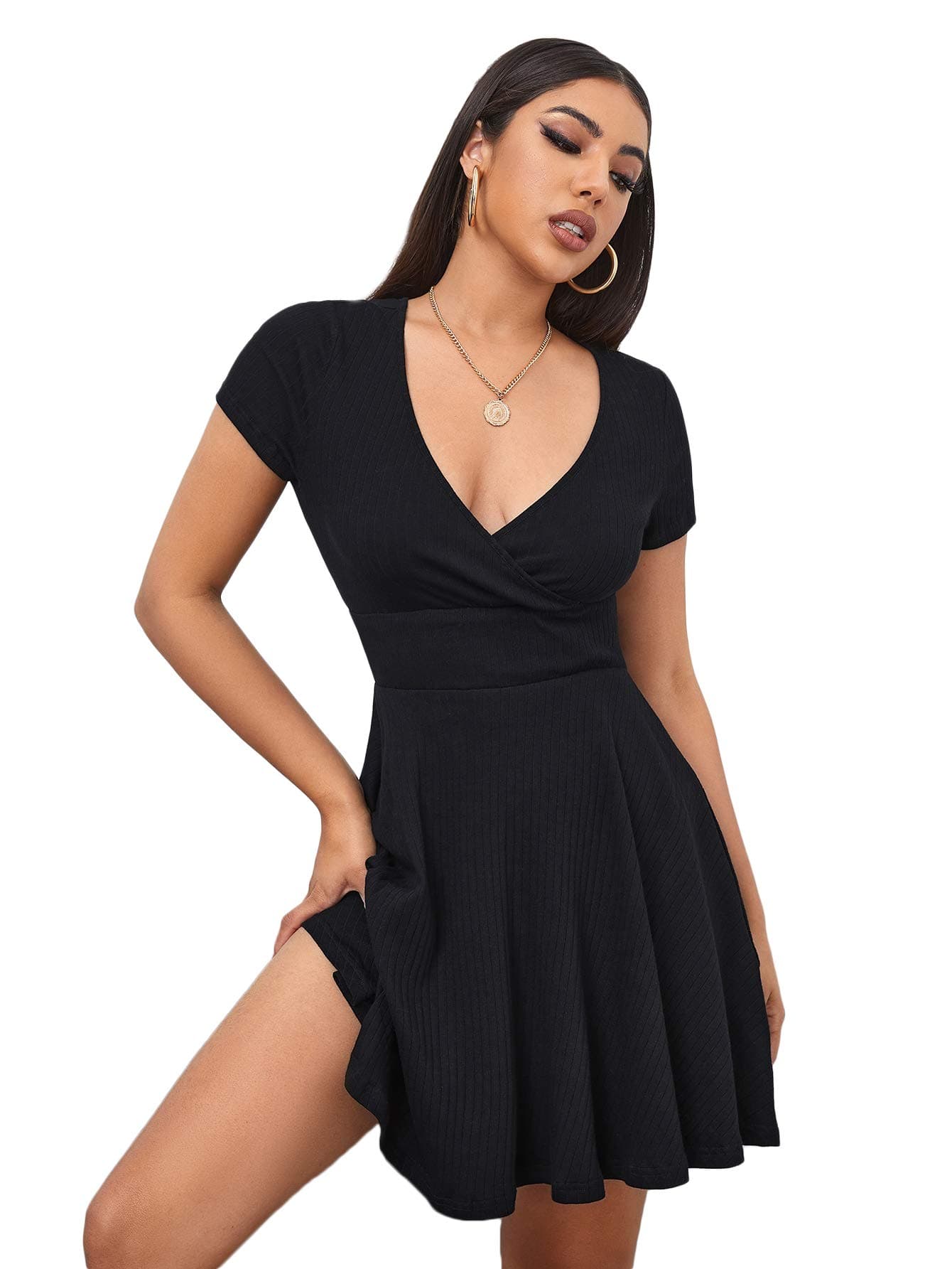 Verdusa Women's A Line Wedding Guest Dresses V Neck Short Sleeve Fit and Flare Dress Black Medium
