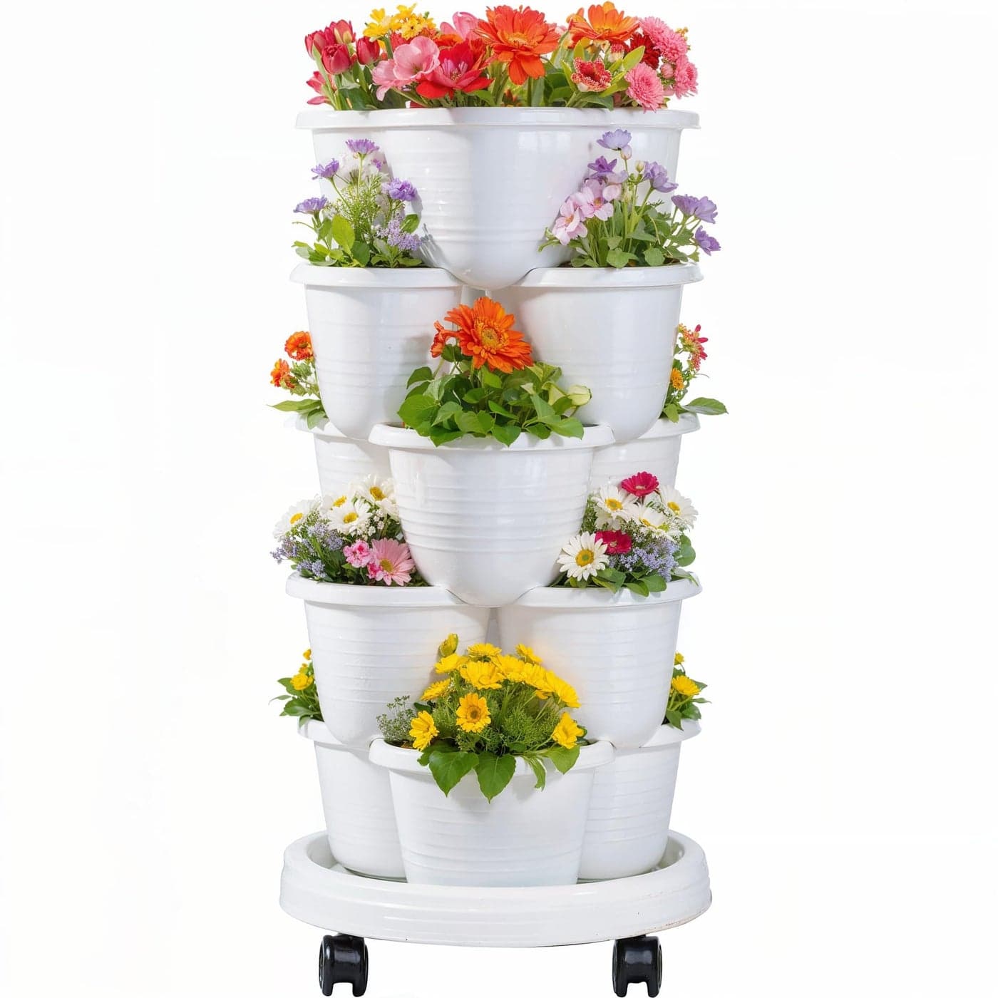 VECELO 5 Tier Vertical Garden Planter Self Watering Stackable Planters with Wheels for Strawberries Herbs Flowers Vegetables White