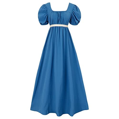 HEQU Regency Dresses for Women with Satin Sash Ruffle Empire Waist Dress Gown (S, Royal Blue)