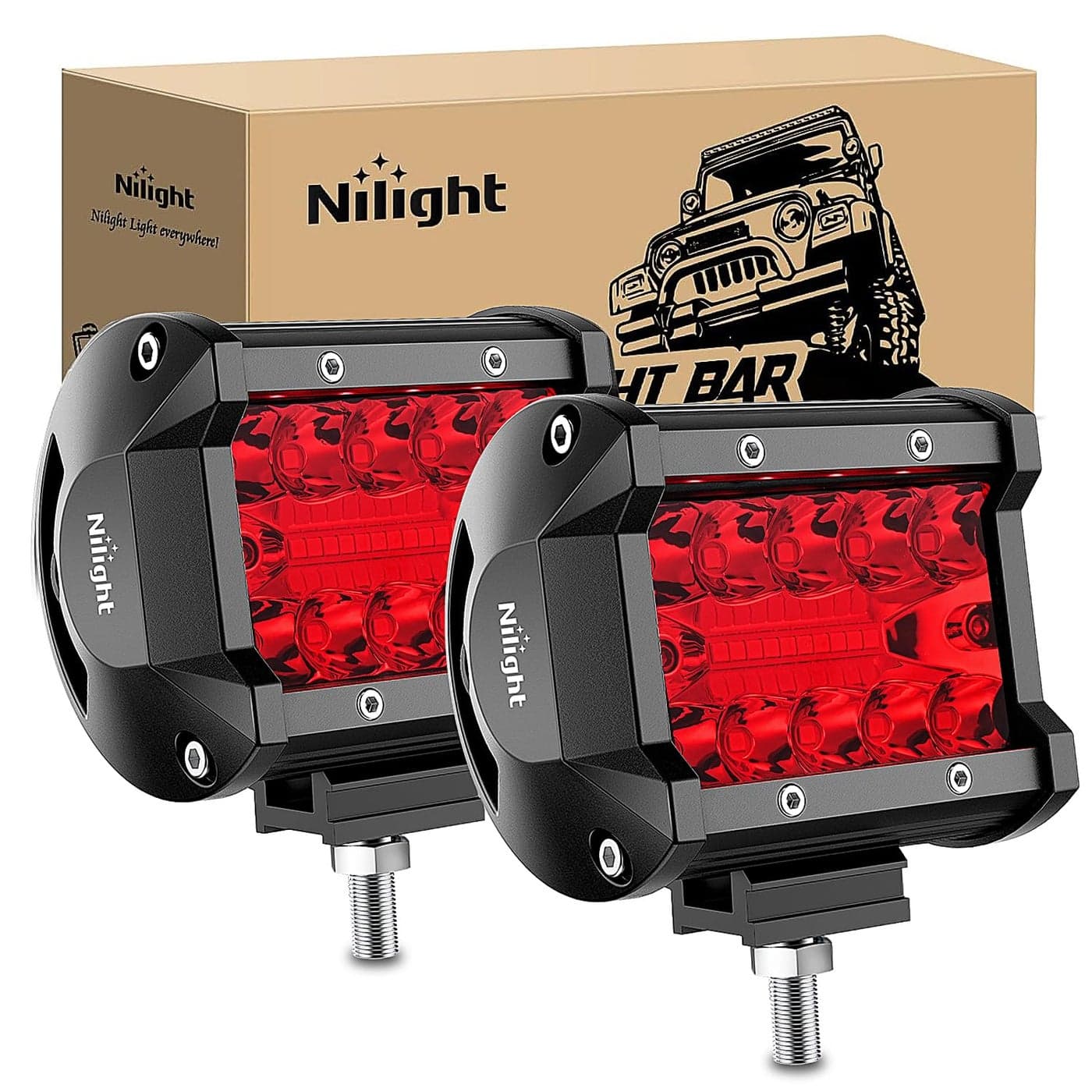 Nilight 4 inch LED Light Pod Red Triple Row 2PCS 60W Flood Spot Combo Driving Fog Lights Fishing Hunting Emergency Safety Signal Deck Trailer Lighting for UTV Pickup Van Boat Tractor