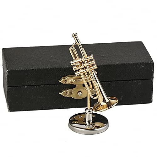 Dselvgvu Miniature Trumpet with Stand and Case Brass Mini Musical Instrument Trumpet Replica Collectible Figurines Dollhouse Accessories Model Home Decoration Display Ornament (2.36"x0.79")