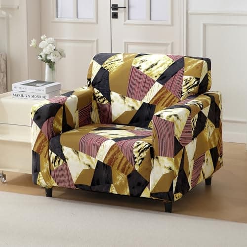 HOKIPO 'Elira Series' Polyester Blend 140Gsm Stretchable Sofa Cover for 1 Seater Sofa, Wine Abstract Geometry (AR-4945-C5)