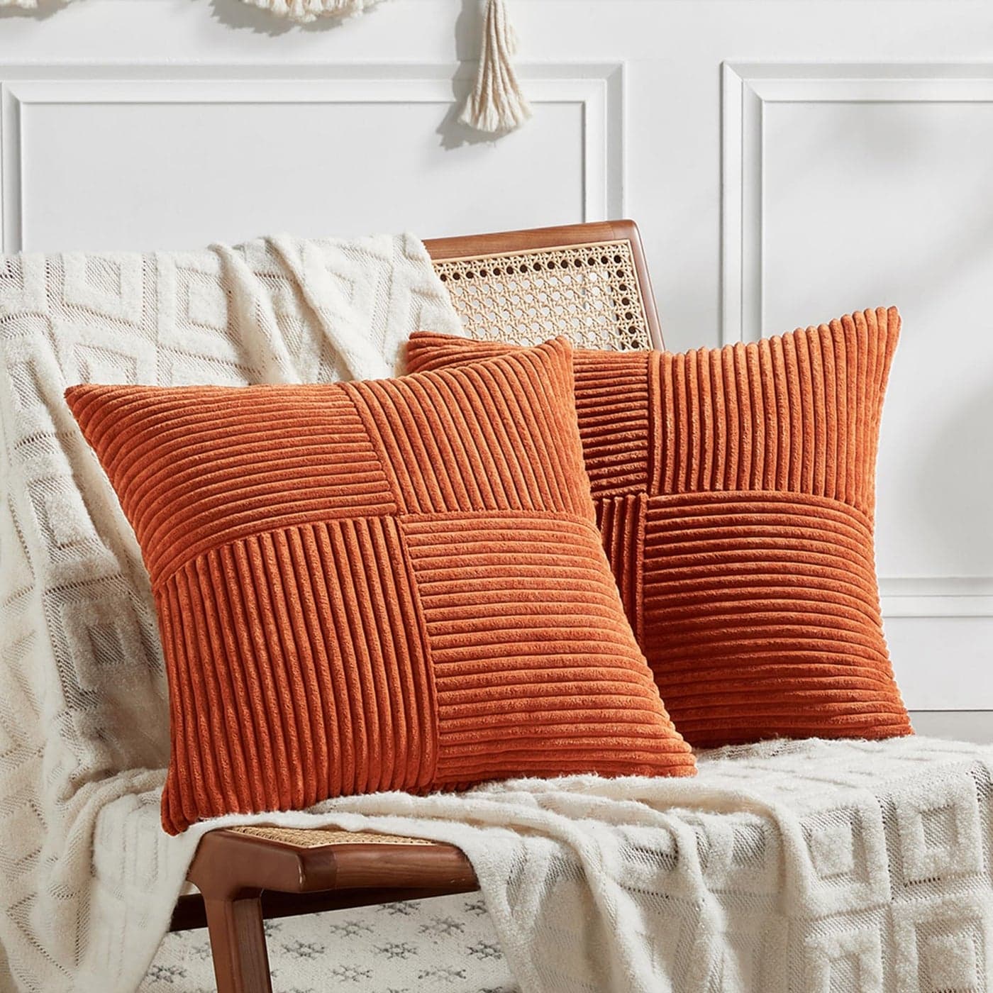 Fancy Homi Set of 2 Burnt Orange Decorative Throw Pillow Covers 16x16 Inch for Living Room Couch Bed Boho Farmhouse Fall Home Decor Soft Corss Corduroy Patchwork Textured Cushion Case 40x40 cm