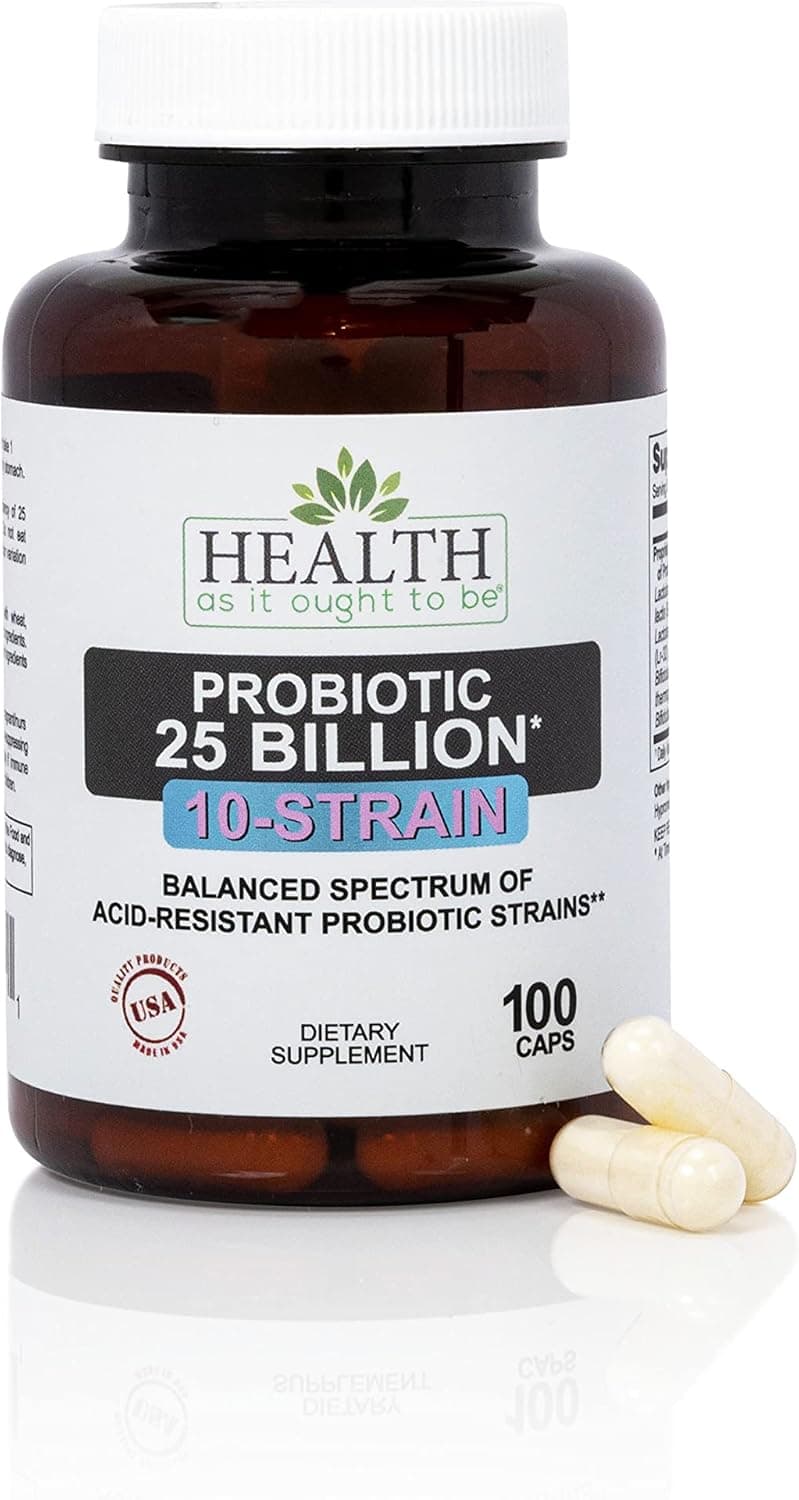 Health As It Ought To Be Probiotic 10 Strain 25 Billion CFUs Supplement Physician Formulated Balanced Spectrum of AcidResistant Probiotic Strains 100 Veggie Caps