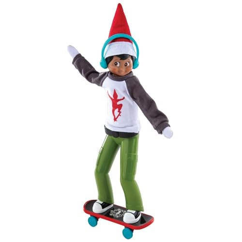 The Elf on the Shelf MagiFreez Holly Jolly Ollie Skateboard Set for Your Scout Elf Includes Magical Standing Pants elf Sized Long Sleeve tee Headphones and Skateboard