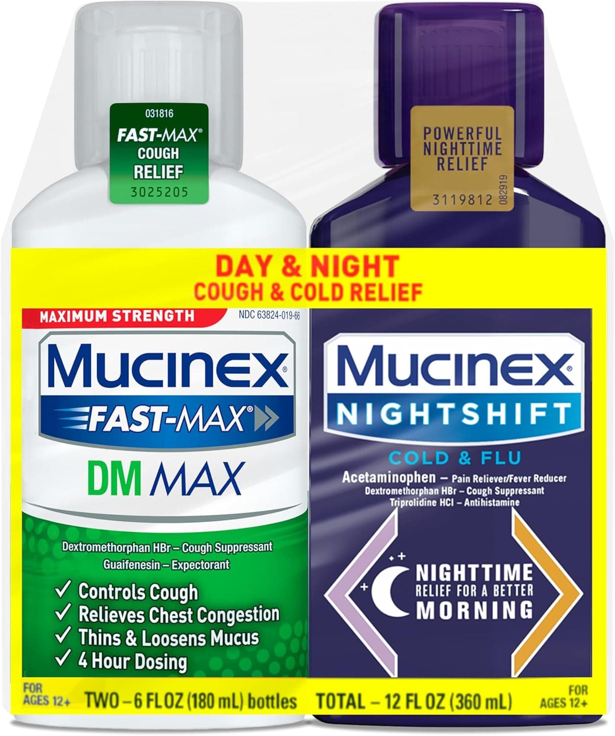 Maximum Strength FastMax DM Max Mucinex Nightshift Cold Flu Liquid 2 x 6 fl oz Thins Loosens Mucus Relieves Cough Chest Congestion Pain Fever Sneezing Sore Throat Runny Nose