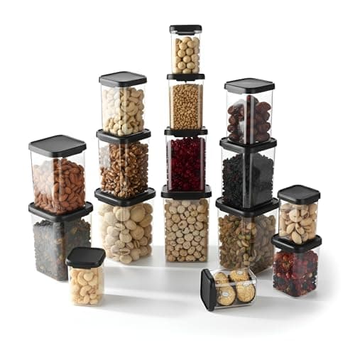 AQUAWARE Plastic Airtight Containers Set For Kitchen Storage And Containers Box For Pantry Organization And Container (4X350ml+4X650ml+4X950ml+4X1100, Black And Transparent) Set of 16