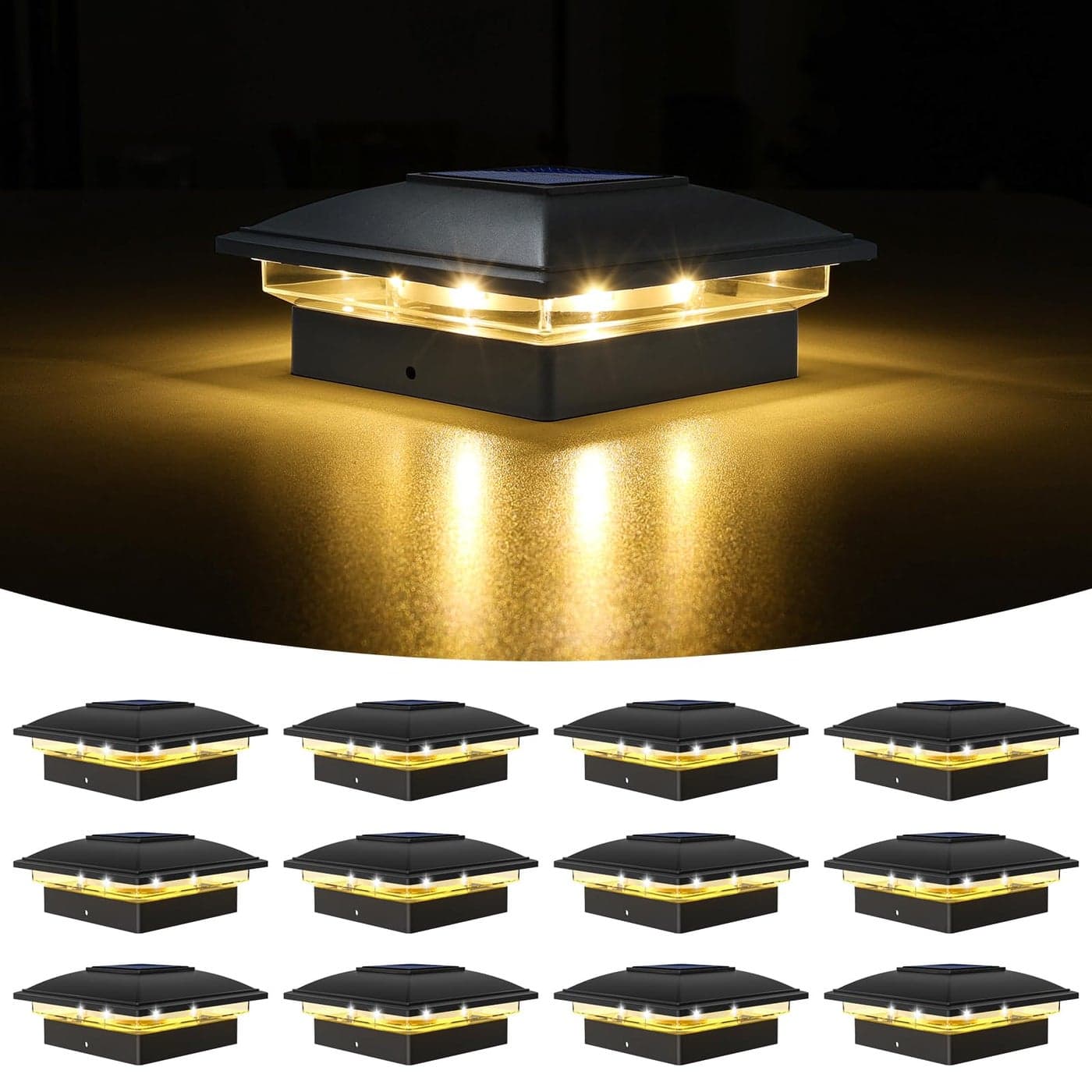 VOLISUN Solar Post Cap Light Outdoor Waterproof 12packSolar Fence Post Lights for 4x4 5x5 6x6 WoodenVinyl PostBlack Deck Post Cap Light Solar Powered with Warm White for GardenPatioPorch