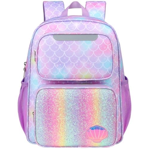 BrainyBees Kids Backpack for Girls Kindergarten 15 Inch Lightweight School Bookbag fits Folder Mermaid Backpack for Kids 47 with Leakproof Insulated Pocket for Lunch and Snacks Purple