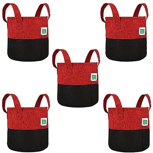 GREENSHEEP Geo Fabric Grow Bags UV Treated Gardening Cotton Pots Terrace Indoor Outdoor Home Balcony Nursery Leafy Vegetable Fruits and Flower (Black & Red Round 400 GSM Size 8x8 Pack of 5)