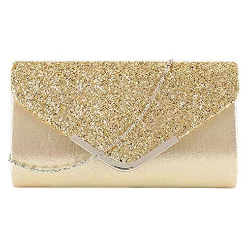 Queena Womens Shiny Glitter Evening Clutch Envelope Handbag Chain Purse for Wedding Party Prom Gift for Mom Wife Girlfriend Gold