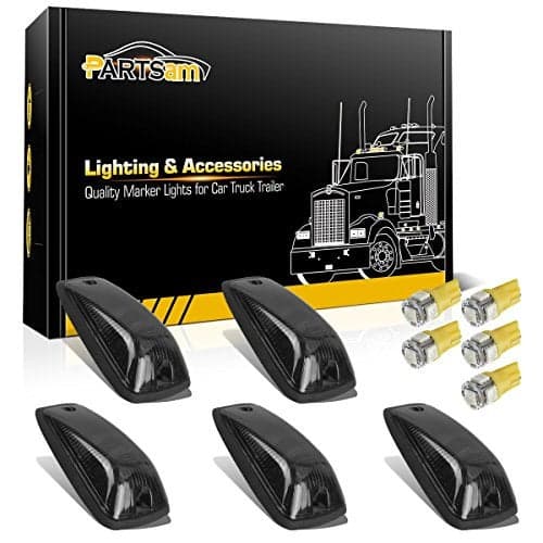 Partsam 5pcs Smoke Cab Maker 264159BK Roof Running Light Cover Base + 5X Amber T10 194 168 5050 LED Light Bulbs Compatible with C1500 C2500 C3500 K1500 K2500 K3500 1988-2002 Pickup Trucks