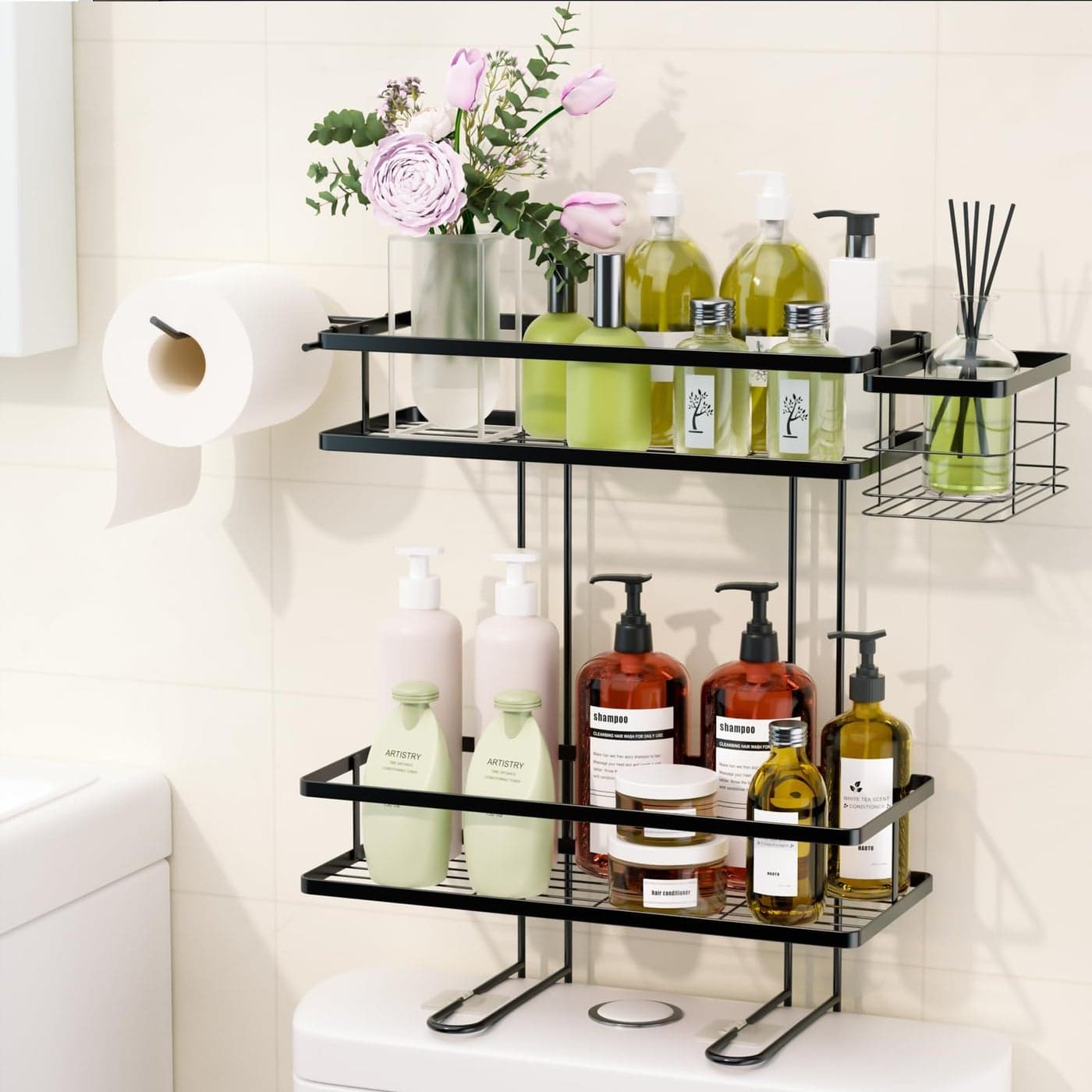 IIQ Over The Toilet Storage2Tier Bathroom Organizer Over Toilet with Removable Basket Paper Holder Above Toilet Storage with NonTrace Adhesive No Drilling Toilet Organizer