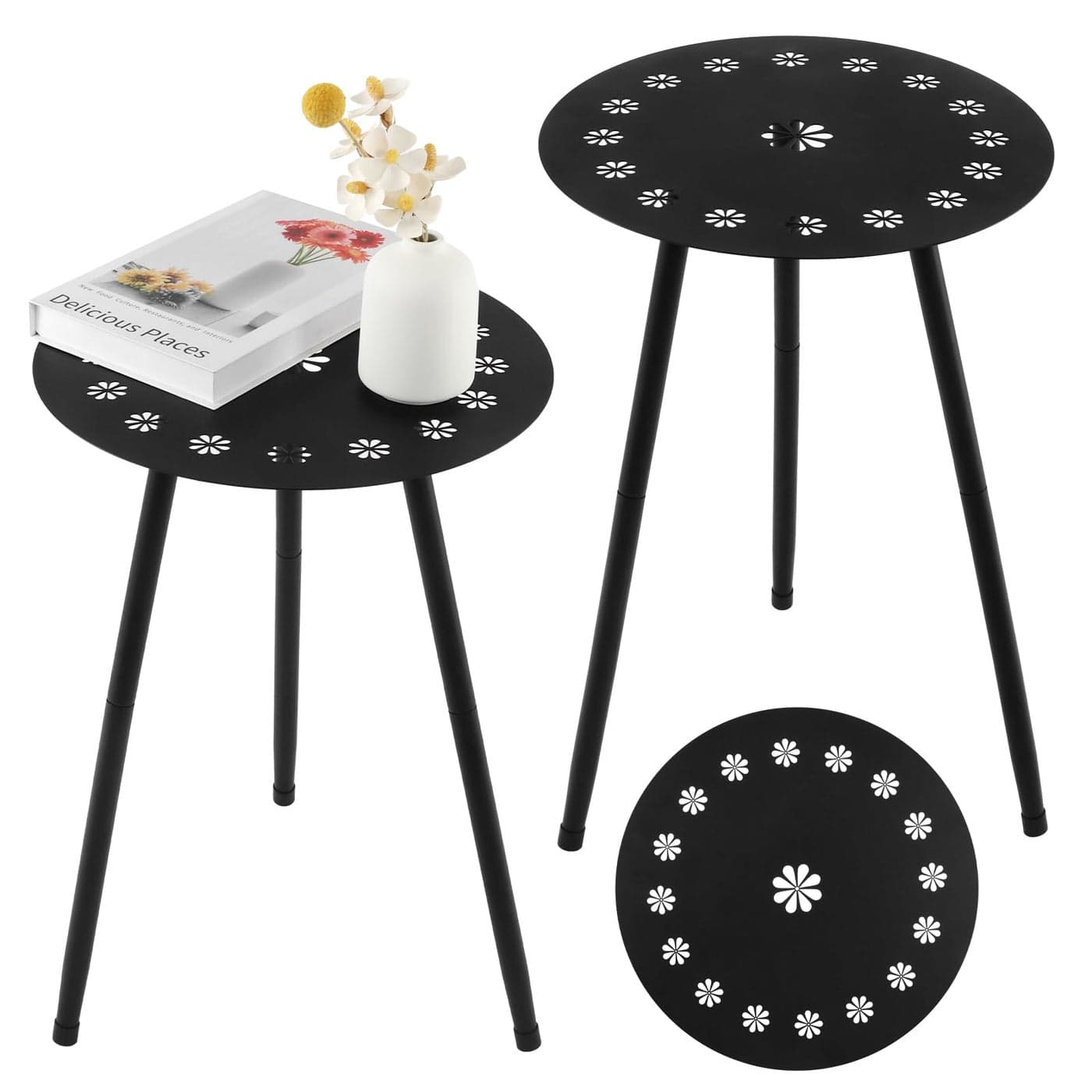 Outdoor Side Table Set of 2 Patio Side Tables for Outside Black End Tables Small Outdoor Table Round Patio End Table Modern Metal Side Table Outside Patio Indoor Bedroom Living Room Small Spaces