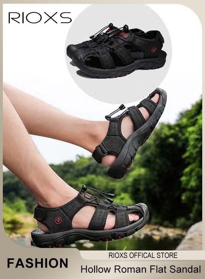 Men's Hollow Roman Sandals, Round Closed Toe Flat Sandals, Leather Fisherman Sandals, Athletic Sport Casual Sandals for Men, Waterproof Summer Beach Water Sandals, Lightweight Walking Slids Sandals, Sandals for Trail Beach, Black Hiking Sandals