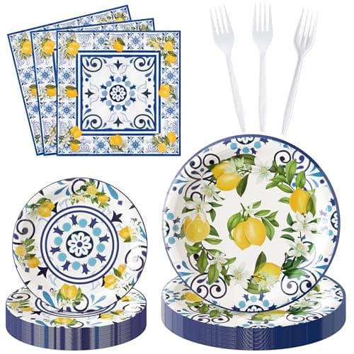 G1ngtar 96Pcs Capri Lemon Blue Tiles Yellow Lemon Summer Citrus Fruit Party Plates Supplies Tableware Decorations Disposable Paper Plates Napkins Forks for Kids Birthday Baby Shower Serves 24