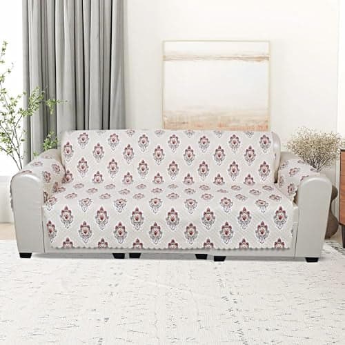 KINGLY Velvet 5 Seater Quilted Digital Printed Sofa Cover Pink Passion, Beige Cream 3+1+1