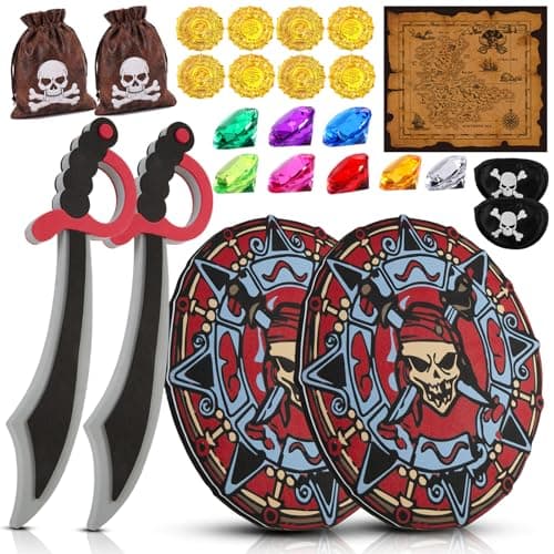 RICHNESS Kids Play Swords and Shields Foam Sword and Shield with Pirate Map and Treasures Toy Weapons for Kids Dress Up and Costumes Pack of 2 Players