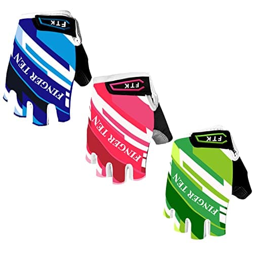 FINGER TEN Kids Junior Cycling Gloves Outdoor Sport Road Mountain Bike Pair, Fit Boy Girl Youth Age 2-10, Gel Padding Bicycle Half Finger Pair (Pink, Large)