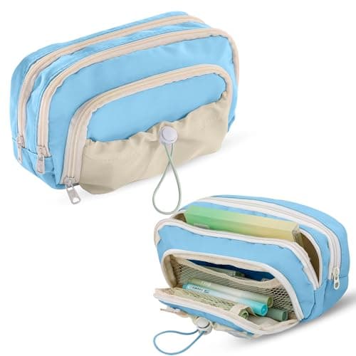 Lyrovo Pouch for School Girls and Boys Pencil Case with Mesh Compartments and Adjustable Drawstring Pocket (Blue)