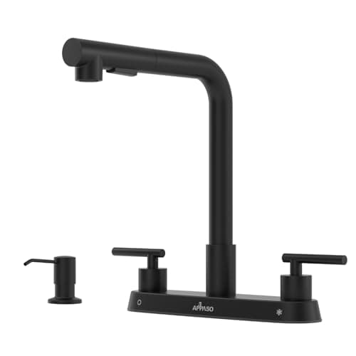 APPASO Black Kitchen Faucets Kitchen Faucet with Sprayer 4 Hole 2 Handle Kitchen Faucets Matte Black Kitchen Sink Faucet for 3 Hole 8 inch with Water Lines 360 Rotating Spout with Dual Function