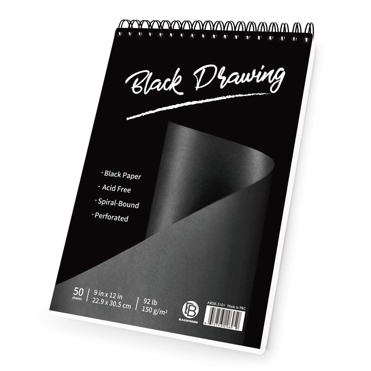 Bachmore Black Drawing Pad 9X12 inch 92lb150gsm 50 Sheets of Top SpiralBound PerforatedHeavyweighted Paper for Graphite Acrylic Colored Pencils Charcoal Opaque Inks Gouache Pastels