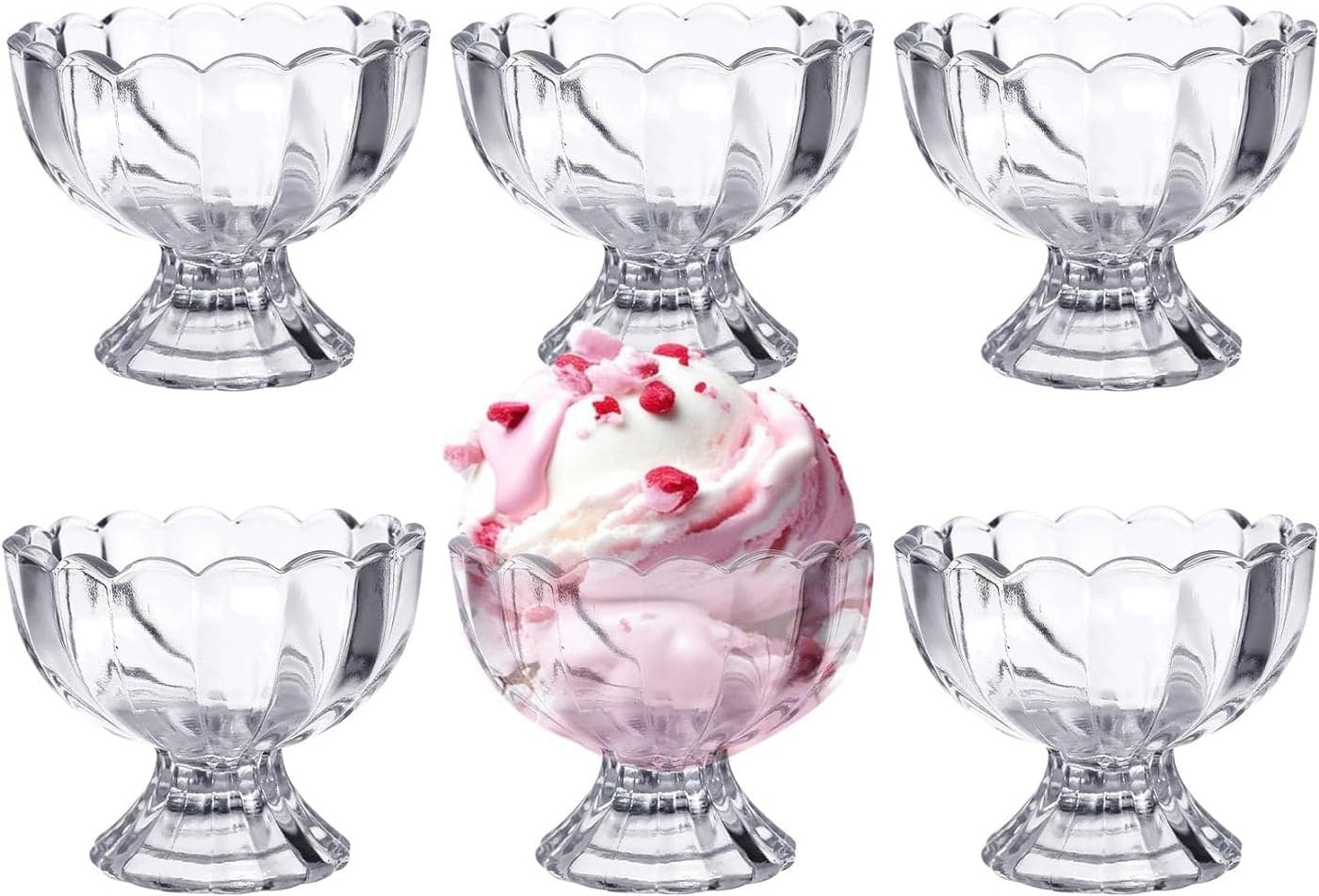 MARTVIA 300ML Ice Cream Glasses Cups Dishes for Desserts, Milkshake,Fruit and Pudding Glass Serving Bowls, Perfect for Home, Restaurants and Parties Dishwasher Safe (Lotus Cups- A, Set of 6)