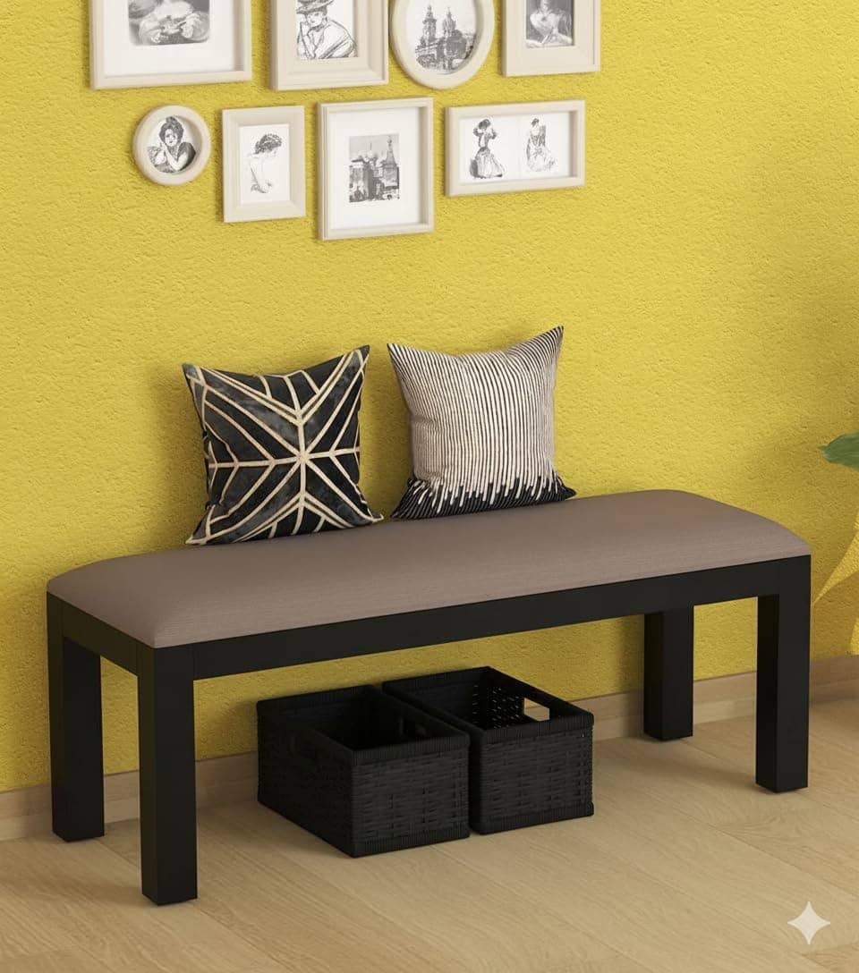 Streema art Upholstered Dining Bench with Padded Cushion, Brown Wood Frame, Beige Fabric Seat (Beige -3)