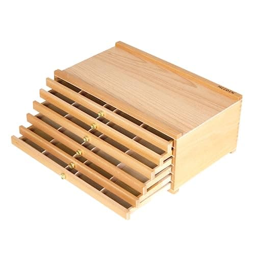 MEEDEN 6Drawer Artist Supply Storage Box Portable Foldable MultiFunction Beech Wood Artist Tool Brush Storage Box with Compartments Drawer for Pastels Pencils Pens Brushes Stamp