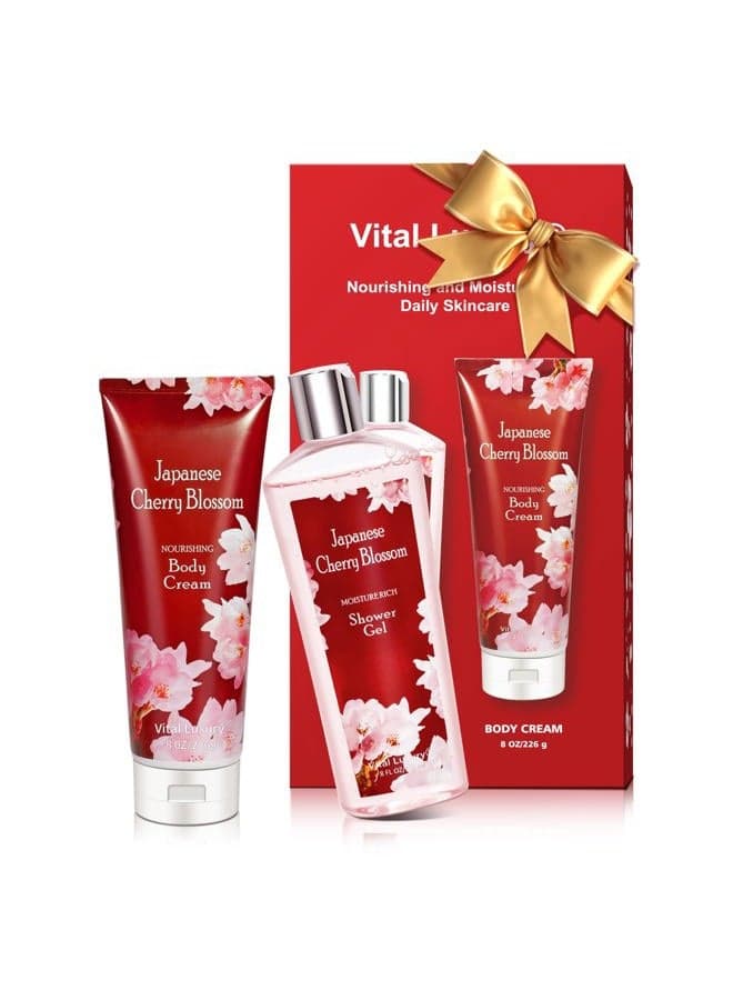 Japanese Cherry Blossom Shower Gel & Body Cream Set - Daily Nourishing & Moisturizing Skin Care - 8 Fl.Oz/236Ml Each, Christmas Gifts For Her & Him (Fl
