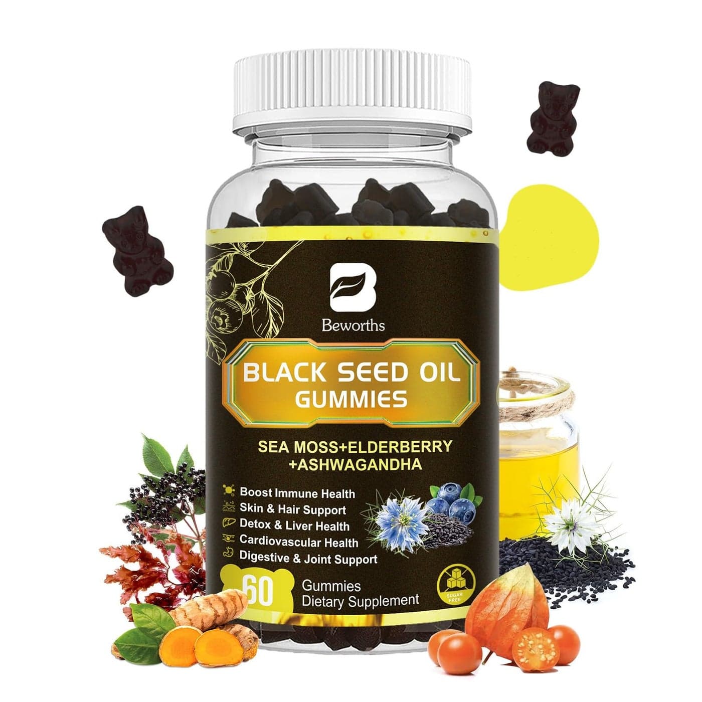 B BEWORTHS Black Seed Oil Sea Moss Gummies Organic Irish Sea Moss Gummies with Ashwagandha Black Seed Oil Elderberry Turmeric Vitamin D3C and Zinc Support Joints Digestion Hair Skin