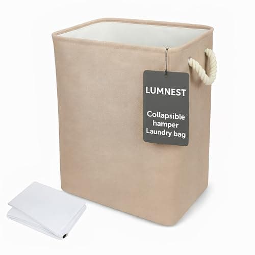 LUMNEST Collapsible Linen Look Fabric large Storage & Laundry Hamper with Drawstring - Durable Laundry Basket Laundry Bag Foldable Space Saving Basket Toy Basket, Dust Proof & Stackable, Beige