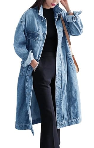 Jofemuho Womens Classic Jean Jacket Plus Size Loose Long Sleeve Button Down Denim Trench Coat Light Blue1 L
