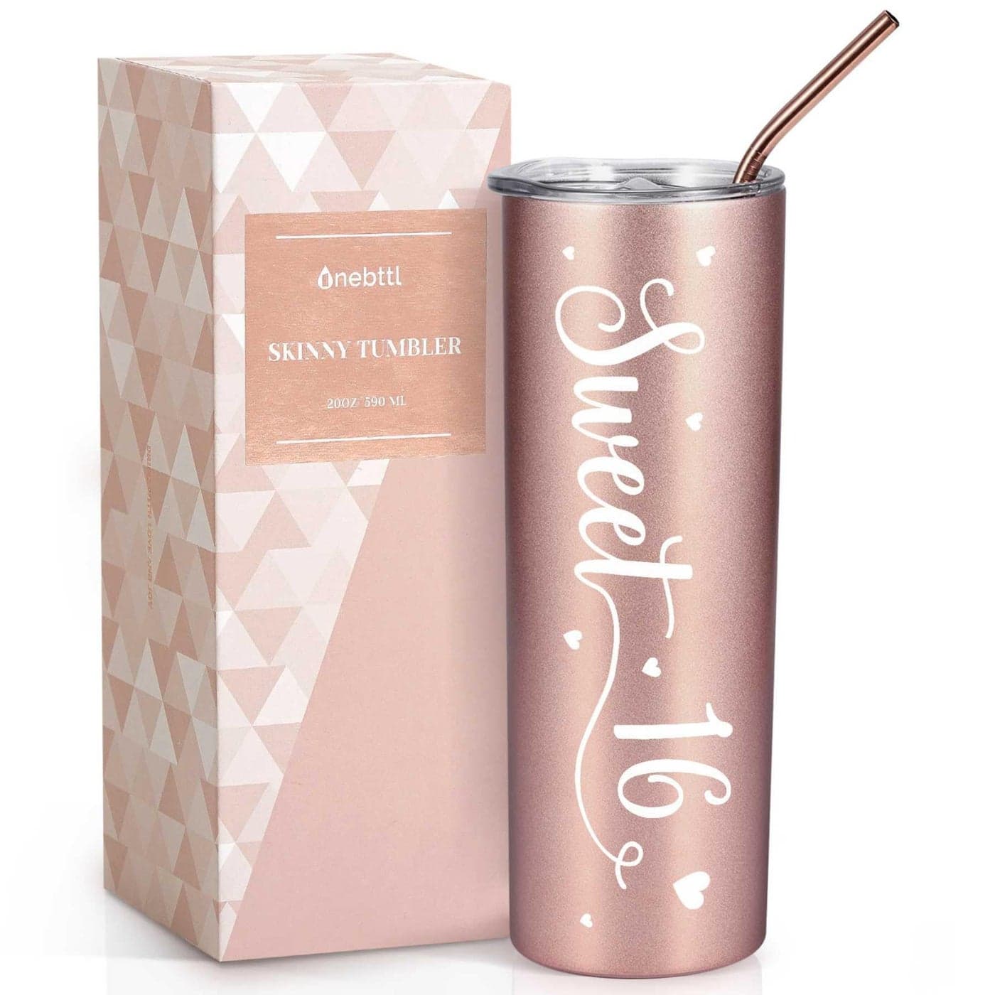 Onebttl Sweet 16 Gifts for Girls Female Her Sweet Sixteen 20oz590ml Stainless Steel Insulated Tumbler with Straw Lid Message Card Rose Gold