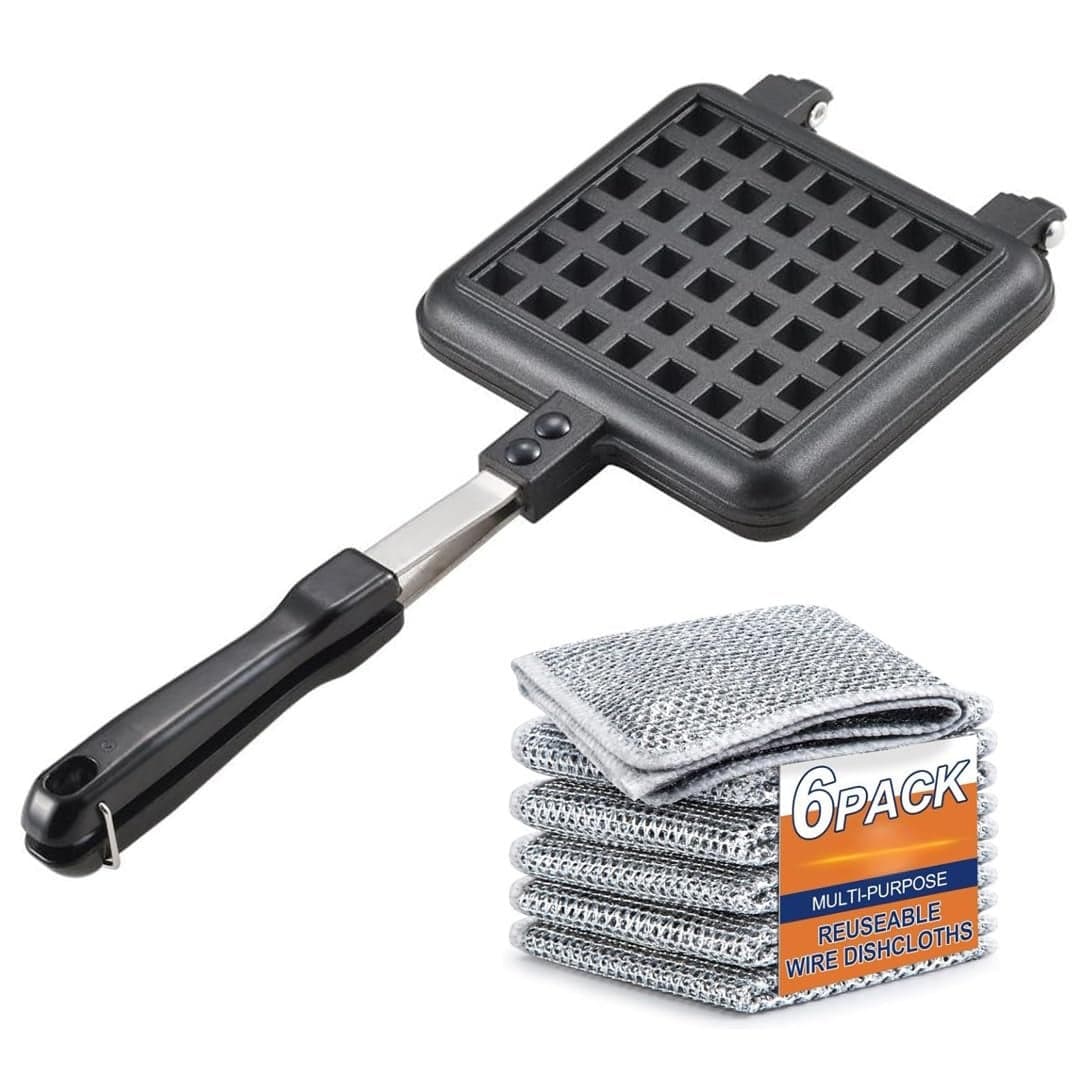 SWAURSAHA NonStick Waffle Maker Gas 6 PCS NonScratch Wire Dishwashing Rags Waffle Toaster Pan Cake Maker Machine