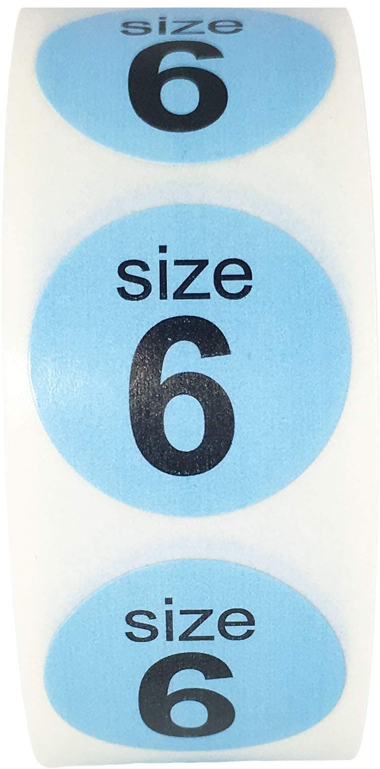 Shoe Size 6 Baby Blue Stickers for Retail Clothing – 3/4 Inch Round, 500 Semi-Gloss Adhesive Labels Per Roll for Footwear Inventory, Organization, and Display – Made in the USA