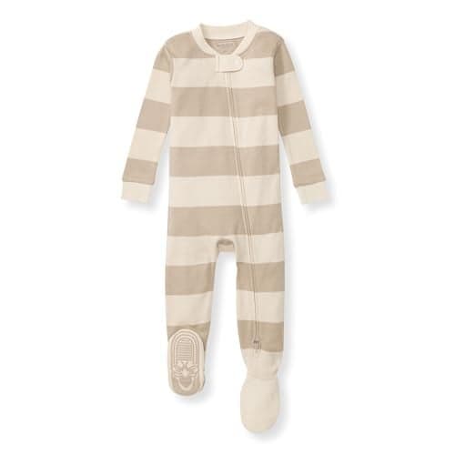 Burt's Bees Baby Baby Boy's Sleeper PJs, 100% Organic Cotton, One-Piece Footie, Zip Up Jumpsuit, Snug Fit Pajamas, Oat Rugby Stripe, 18 Months