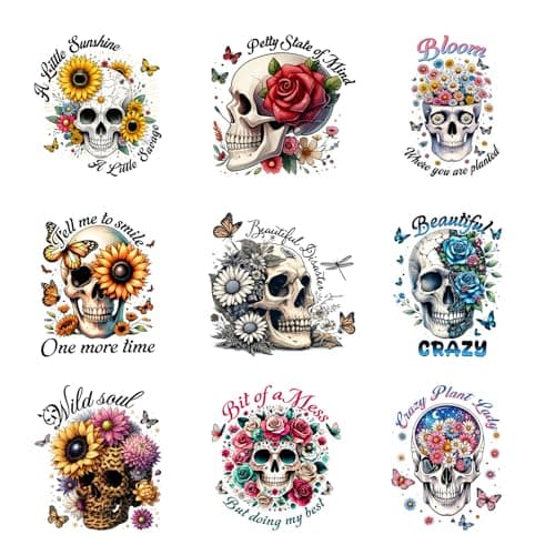 9pcs Floral Skull Iron On Decals for Clothing Iron on Heat Transfer Patches Vinyl Decals Appliques for Clothes T Shirts Bag Pillow Covers