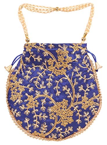Touchstone NEW Traditional Indian Hand Embroidered Floral Faux Pearls Strings Shopping Gifts Jewelry Wedding Sweet Distribution Drawstring Fancy Royal Blue Bag Purse Pouch For Women.