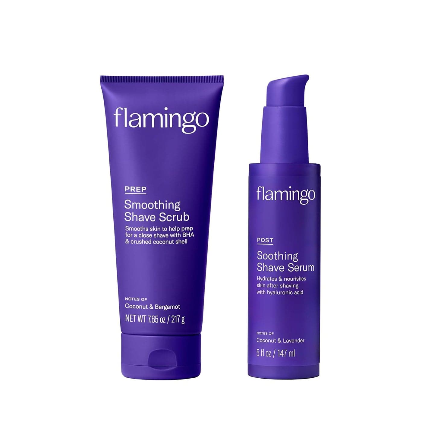 Flamingo Shaving Prep and Post Care Set for Women Smoothing Shave Prep Scrub and Soothing Post Shave Serum Glow Shave Collection