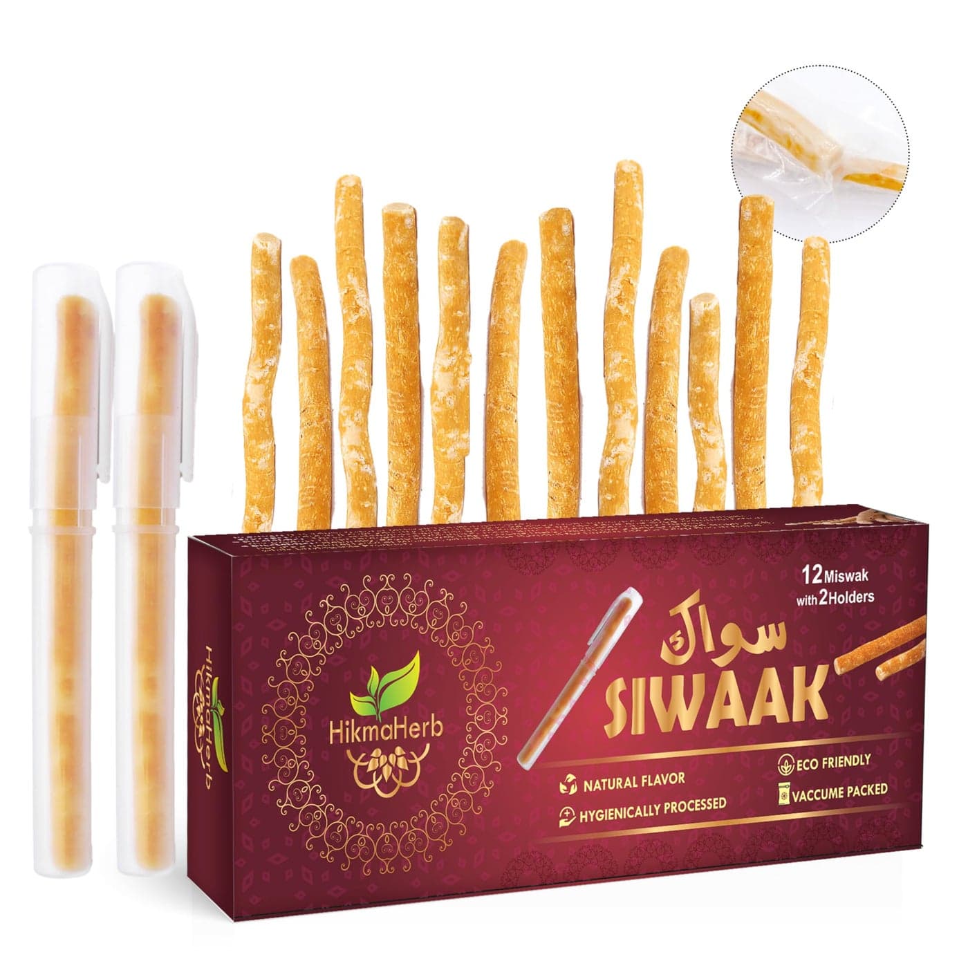 HikmaHerb Pack of 12 Miswak Sticks with 2 Holders Vacuum Sealed Natural Chewing Sticks for Teeth Natural Flavored Toothbrush for Teeth Whitening Oral Health and Fresh Breath Pack of 12