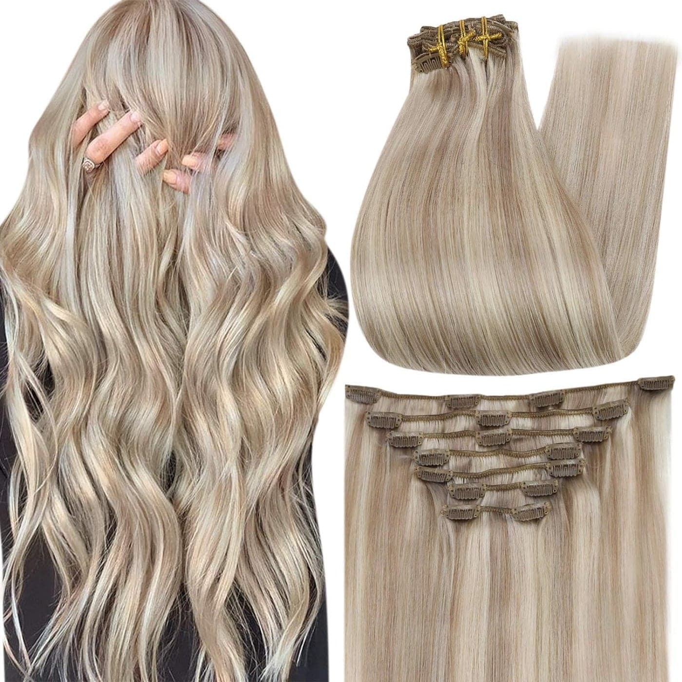 Full Shine Blonde Clip in Human Hair Extensions Highlights Remy Clip in Hair Extensions Double Weft Silky Straight 7 Pcs Invisible Natural Hair Ash Blonde Highlight 18 Inch 120 G