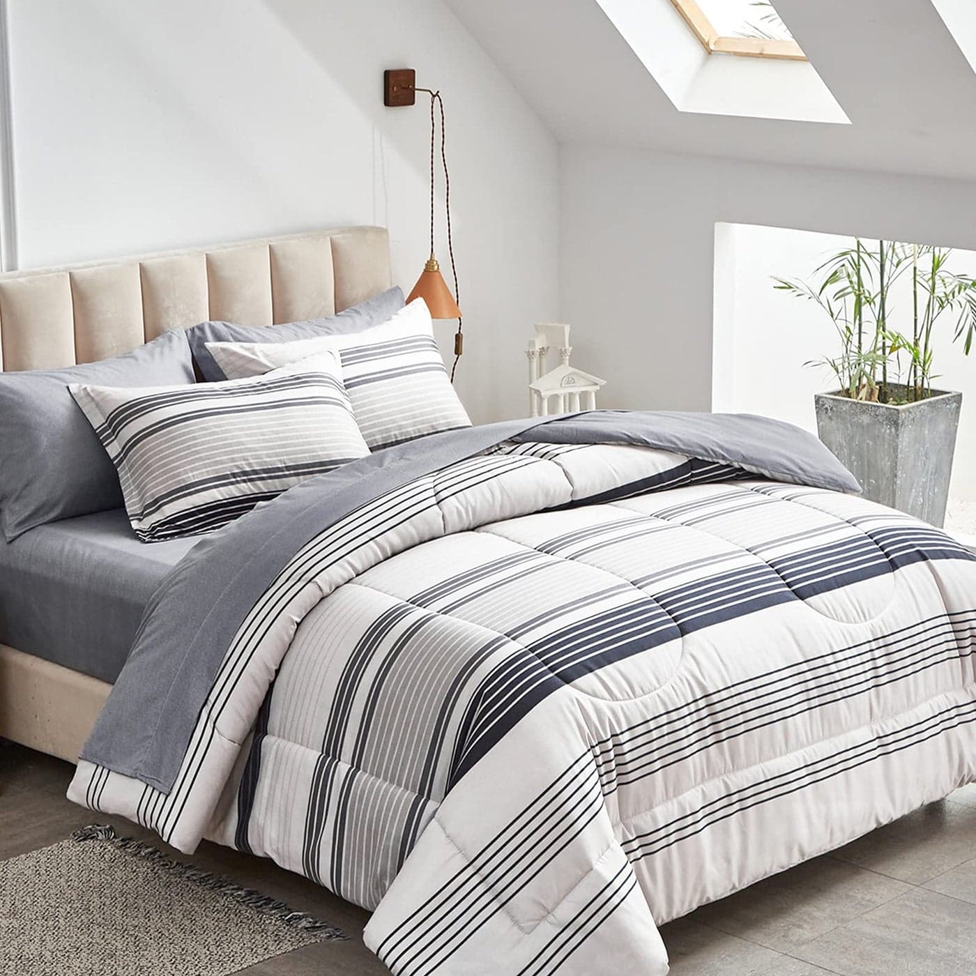 Flysheep Ombre Boho Striped Bed in a Bag 7 Piece Queen Size Grey n Navy Black Stripes on White Comforter Sheet Set 1 Comforter 1 Flat Sheet 1 Fitted Sheet 2 Pillow Shams 2 Pillowcases