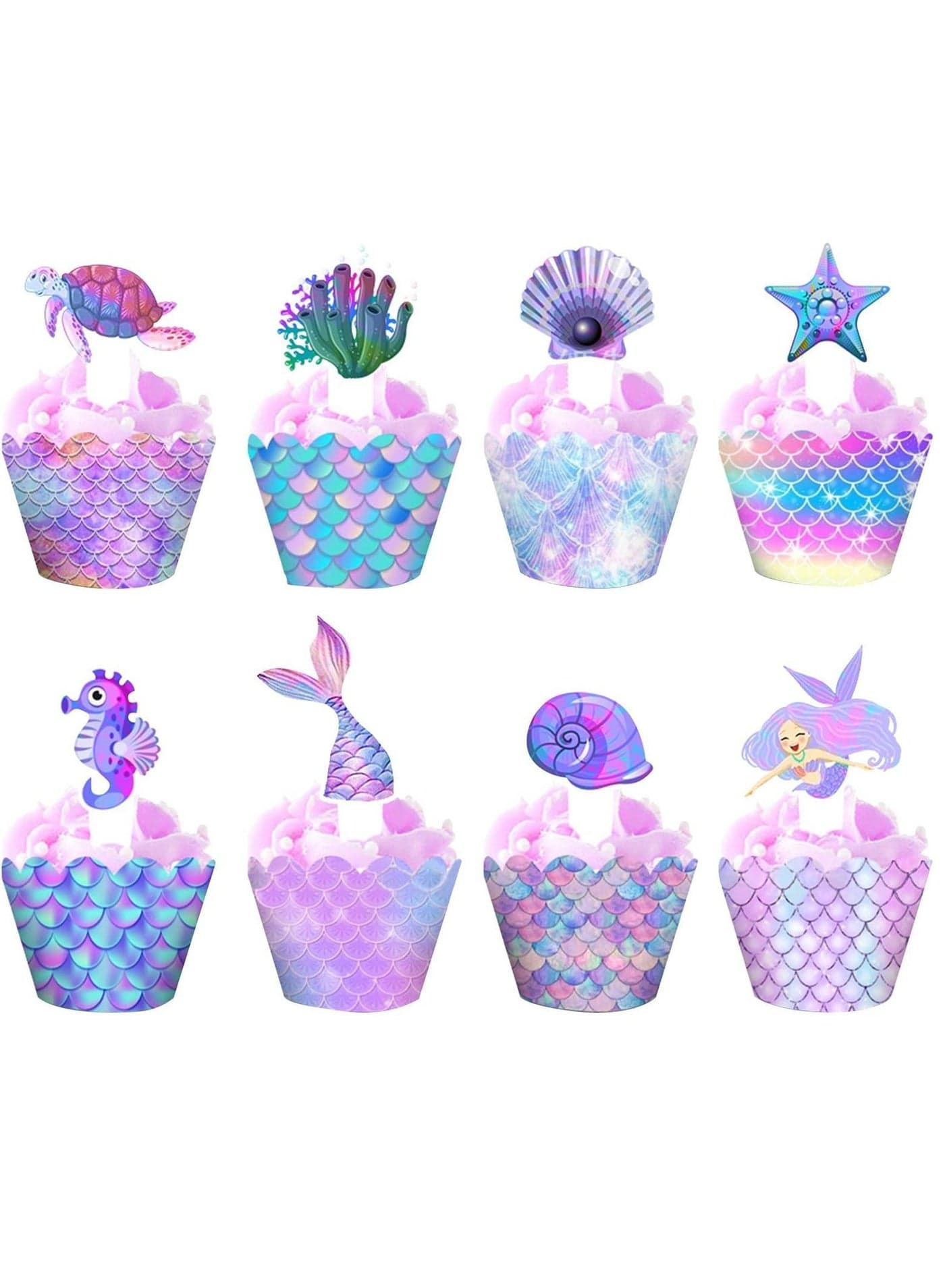 Mermaid Cupcake Toppers and Wrappers, 24 Pieces Tail for Cupcakes Theme Decoration Under The Sea Party Baby Shower