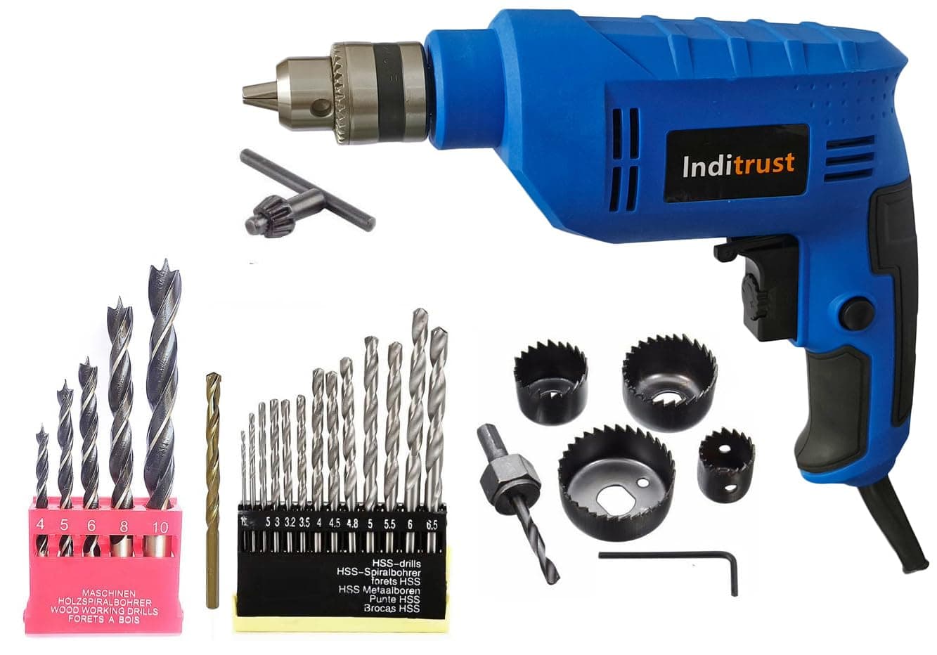 Inditrust New 6 Month Warranty 10mm Reversible Electric drill machine 400W with 1pc Masonry 5pc Wood 6pc Hole saw 13pc HSS Woo Drill bit set Pack of 5 Pistol Grip Drill BLUE 100 Copper Winding