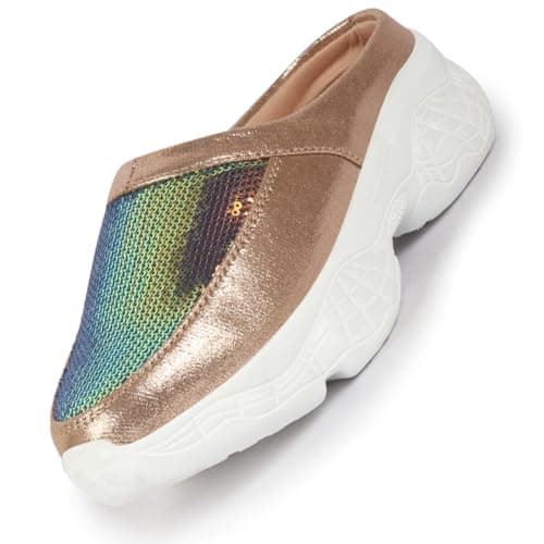 FAUSTO Women's Back Open Embellished Slip On Mules for Evening|Party|Daily|Fashion|Comfort|Casual Outfit|Party Outfit|Lightweight|Outdoor|Ultra Soft Shoes with Anti Skid Sole (Golden, Numeric_5)