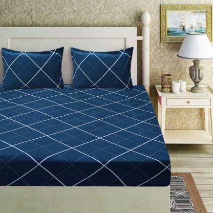 SpangleHomes Spangle Homes 100% Soft Glace Cotton King Size Elastic Fitted Bedsheet With 2 Large Pillow Covers 72X78X10 Inches (Design-Blue Whitelines, Elastic Double)