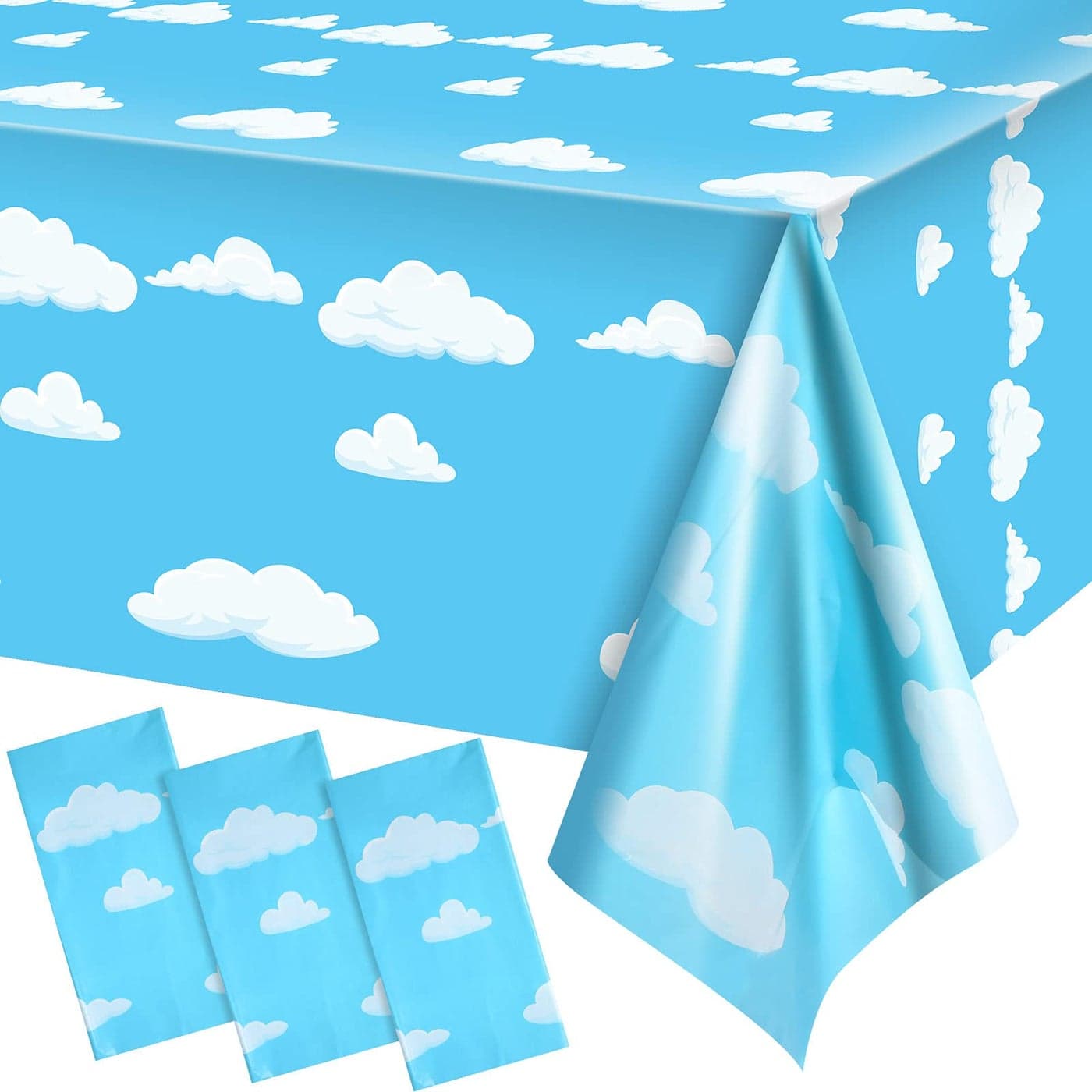Tatuo Blue Sky White Clouds Birthday Party Supplies Cartoon Story Tablecloth Party Table Cover Cartoon Table Banner for Baby Kids Shower Birthday Decorations, 54 x 108 Inch(3 Pieces)