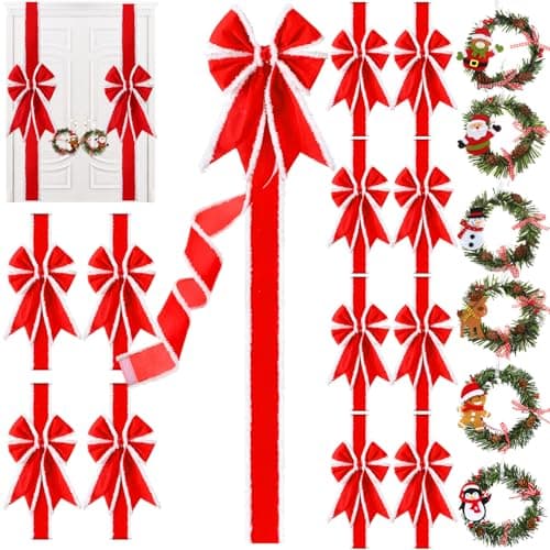 Ysleen 12 Pcs Christmas Cabinet Ribbon Bows and 6 Pcs Christmas Pine Wreath with Snowman Santa Claus Festive Large Xmas Bows Artificial Front Door Wreath for PartyRed White