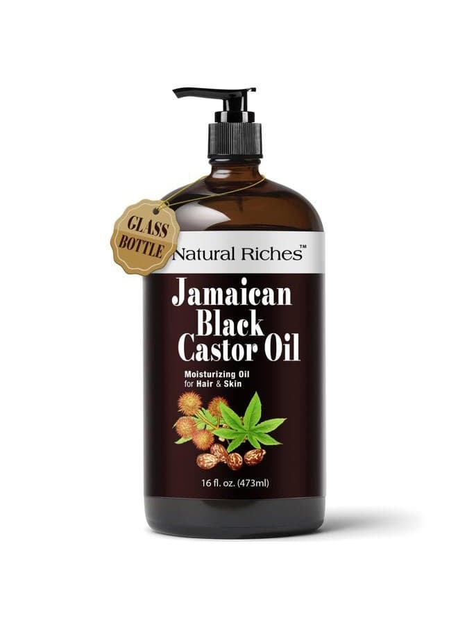 Jamaican Black Castor Oil Glass Bottle Pure Organic Cold Pressed for Hair Growth Skin Care for Dry Skin Conditioning Eyebrows Eyelashes Scalp and Nail Moisturizes & Repairs 16fl.oz.